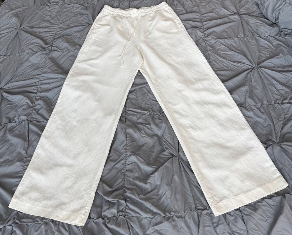 Ladies H&M Linen Blend Pants M White Wide Leg Drawstring Waist Casual Beach